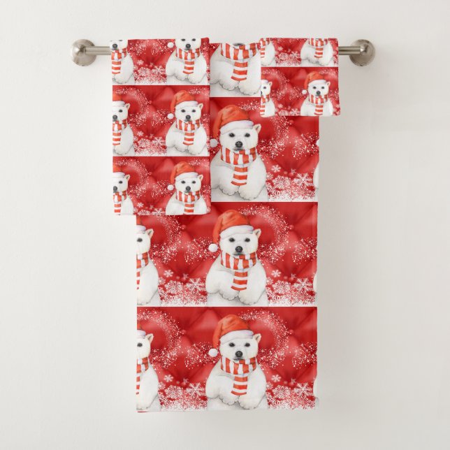 polar bear in a santa cap - snowflakes w white bath towel set (Insitu)