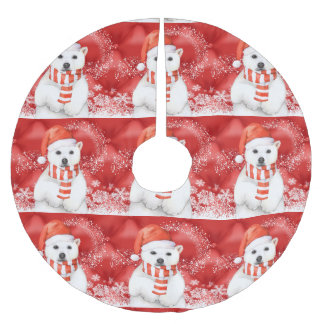 polar bear in a santa cap - snowflakes w white brushed polyester tree skirt