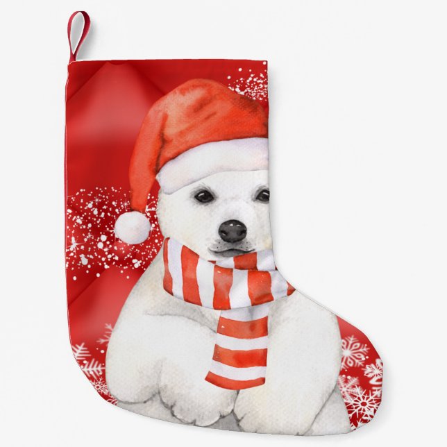 polar bear in a santa cap - snowflakes w white small christmas stocking (Front)