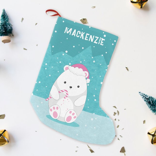 Polar Bear in Pink Santa hat Cute Cartoon Blue Small Christmas Stocking (Creator Uploaded)