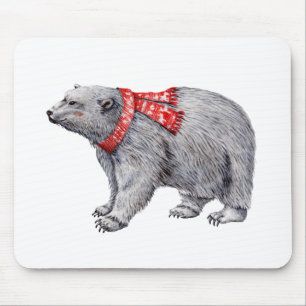 Polar Bear in Red Scarf Mouse Pad