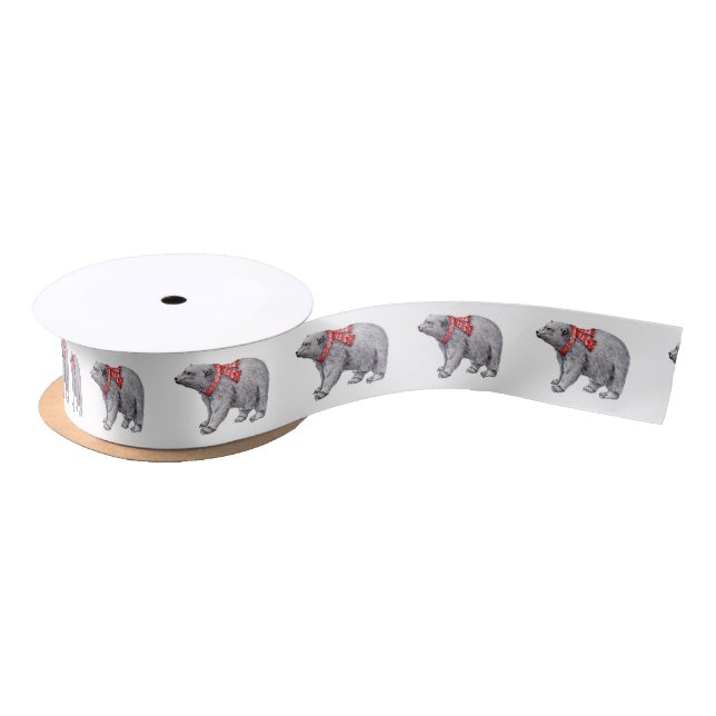 Polar Bear in Red Scarf Satin Ribbon (Spool)