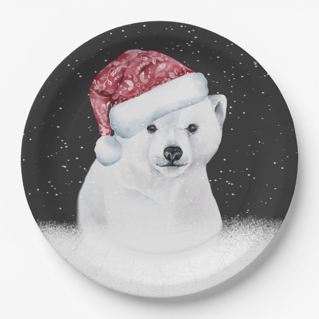 Polar Bear In Snowflakes Paper Plate (Front)