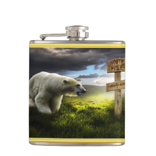 Polar bear looking at the north pole wooden sign hip flask