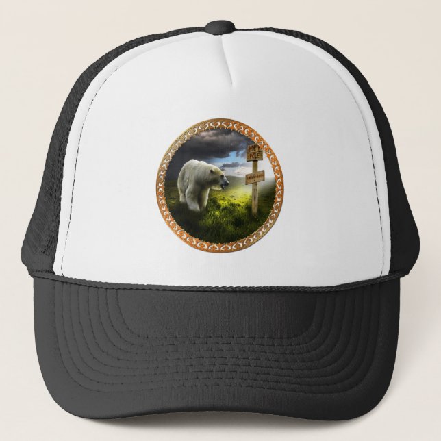 polar bear looking at the north pole wooden sign trucker hat (Front)