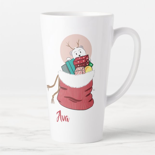Polar Bear Looking into Santa's Red Bag Latte Mug (Right)