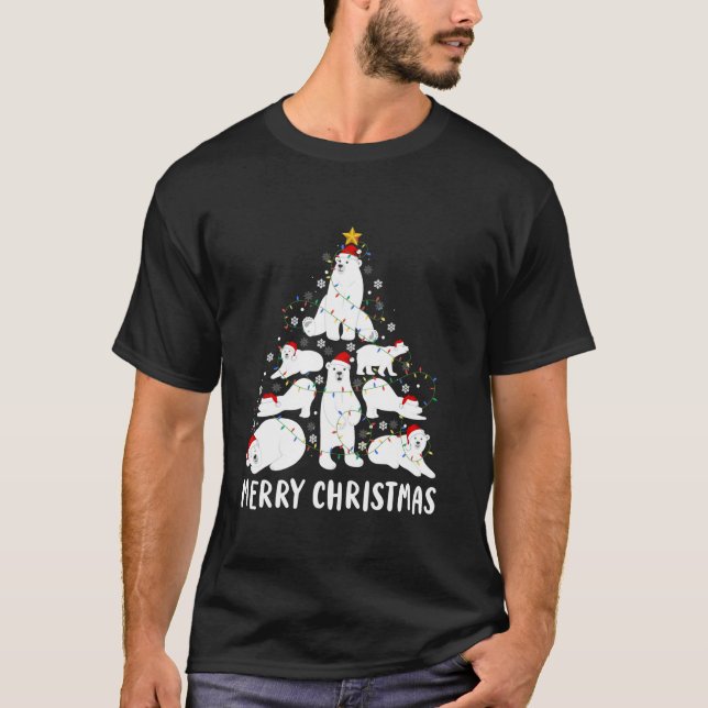 Polar Bear Merry Christmas Tree Santa Hat Lights S T-Shirt (Front)