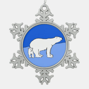Polar Bear Mom and Cub Painting - Wildlife Art Snowflake Pewter Christmas Ornament