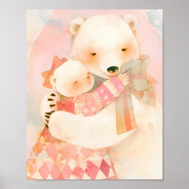 Polar Bear Mother and Cub Cuddle Nursery Poster (Front)