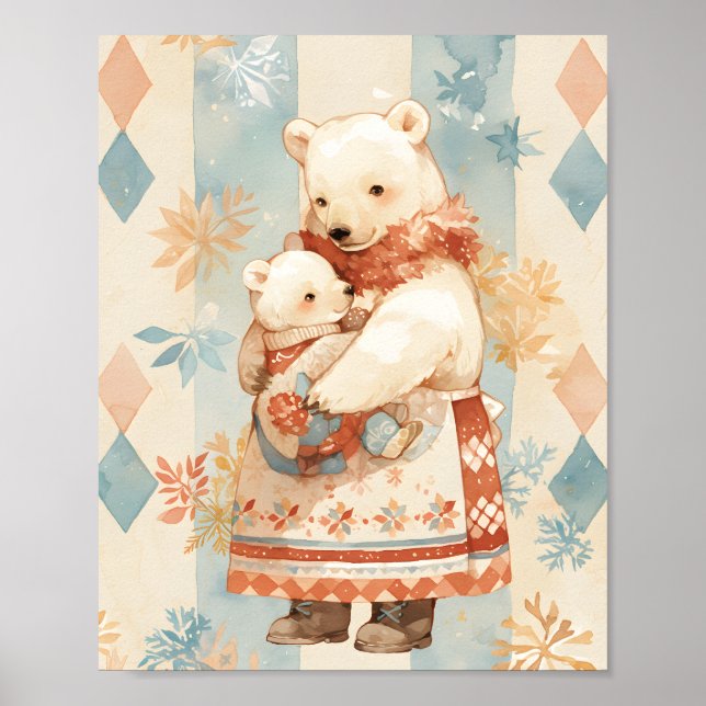 Polar Bear Mother and Cub Winter Attire Nursery Poster (Front)