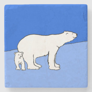 Polar Bear Mum and Cub Painting - Wildlife Art Stone Coaster