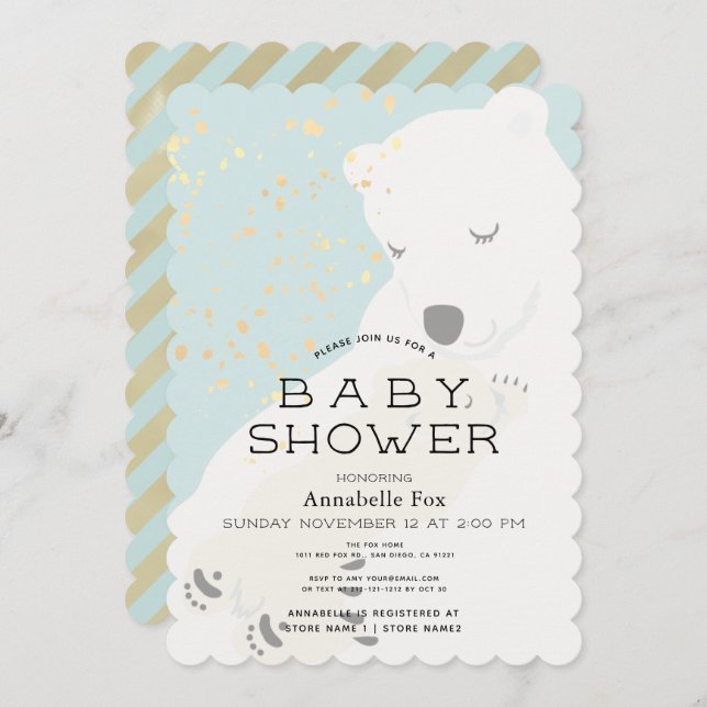 Polar Bear Mum & Cub Blue Baby Shower Invitation (Front/Back)