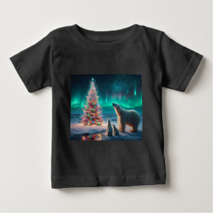 Polar Bear Mum Cubs Christmas Tree Aurora Borealis Baby T-Shirt