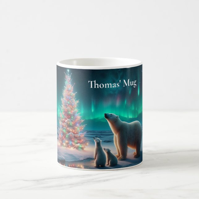 Polar Bear Mum Cubs Christmas Tree Aurora Borealis Coffee Mug (Center)