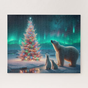 Polar Bear Mum Cubs Christmas Tree Aurora Borealis Jigsaw Puzzle
