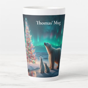 Polar Bear Mum Cubs Christmas Tree Aurora Borealis Latte Mug