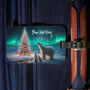 Polar Bear Mum Cubs Christmas Tree Aurora Borealis Luggage Tag