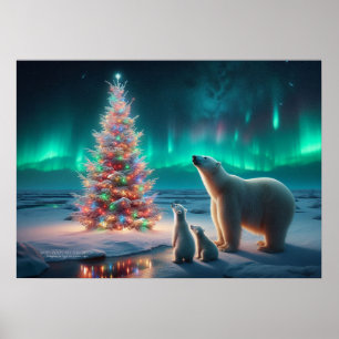 Polar Bear Mum Cubs Christmas Tree Aurora Borealis Poster