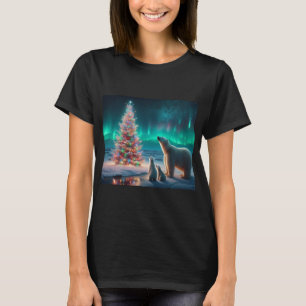Polar Bear Mum Cubs Christmas Tree Aurora Borealis T-Shirt