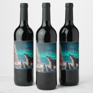 Polar Bear Mum Cubs Christmas Tree Aurora Borealis Wine Label