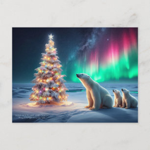 Polar Bear Mum Cubs Christmas Tree Northern Lights Holiday Postcard