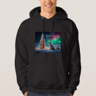 Polar Bear Mum Cubs Christmas Tree Northern Lights Hoodie