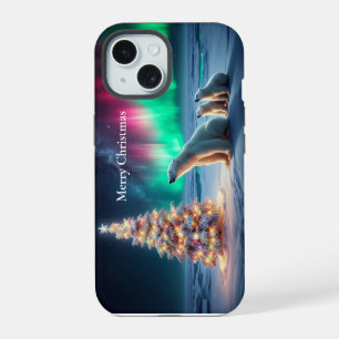 Polar Bear Mum Cubs Christmas Tree Northern Lights iPhone 15 Case