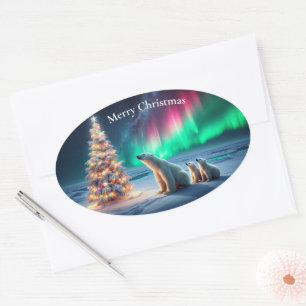 Polar Bear Mum Cubs Christmas Tree Northern Lights Oval Sticker