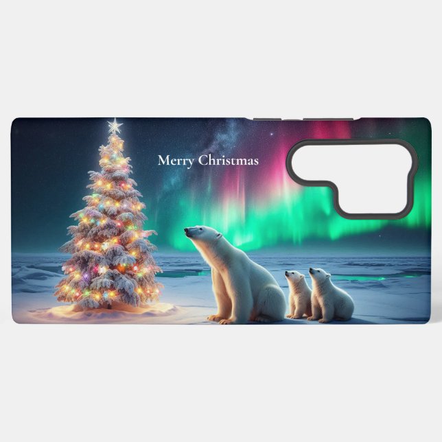 Polar Bear Mum Cubs Christmas Tree Northern Lights Samsung Galaxy S22 Ultra Case (Back Horizontal)