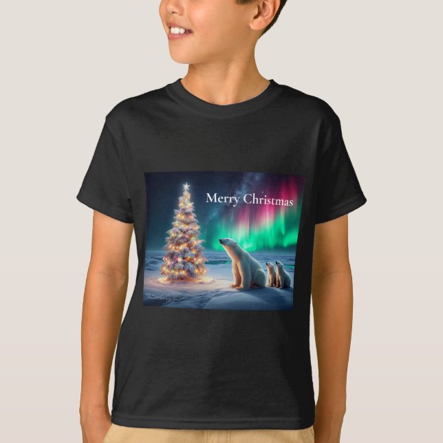 Polar Bear Mum Cubs Christmas Tree Northern Lights T-Shirt (Front)