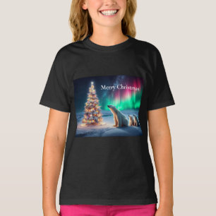 Polar Bear Mum Cubs Christmas Tree Northern Lights T-Shirt