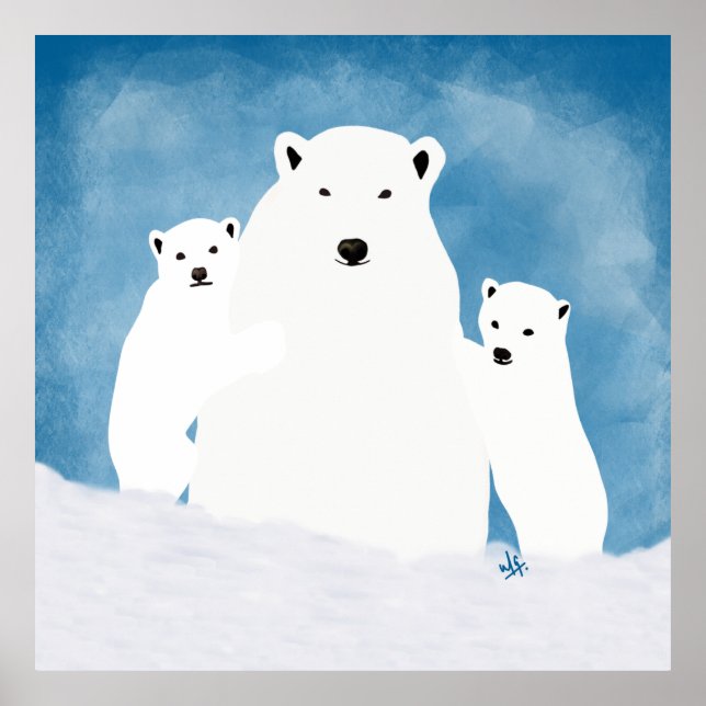 Polar Bear Mum With Cubs Illustration Poster (Front)