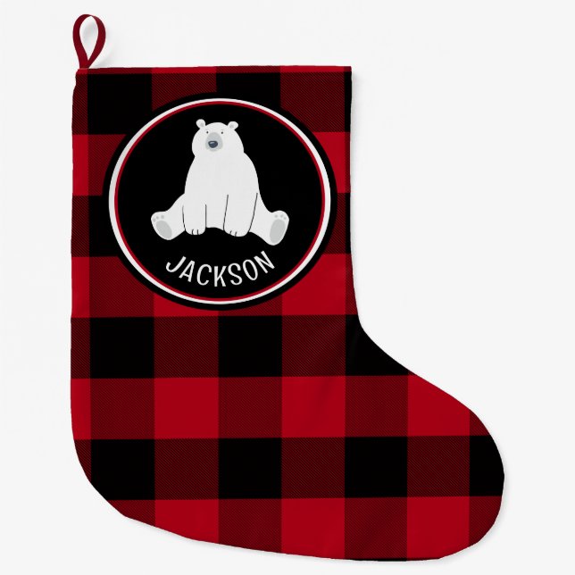 Polar Bear on Black and Red Buffalo Plaid Large Christmas Stocking (Front)
