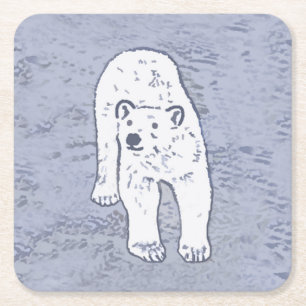 Polar Bear on Ice Painting - Original Wildlife Art Square Paper Coaster