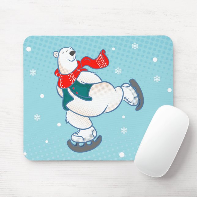 Polar bear on ice skates mouse pad (With Mouse)