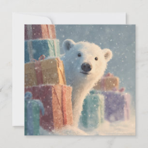 Polar Bear Peeking from Behind a Stack of Presents Holiday Card