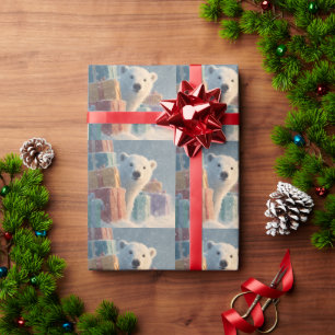 Polar Bear Peeking from Behind a Stack of Presents Wrapping Paper