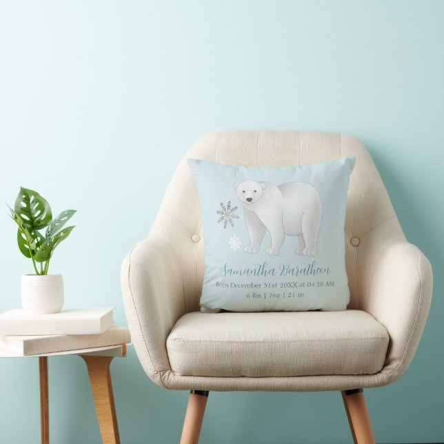 Polar Bear Personalised Baby Birth Stats Nursery  Cushion