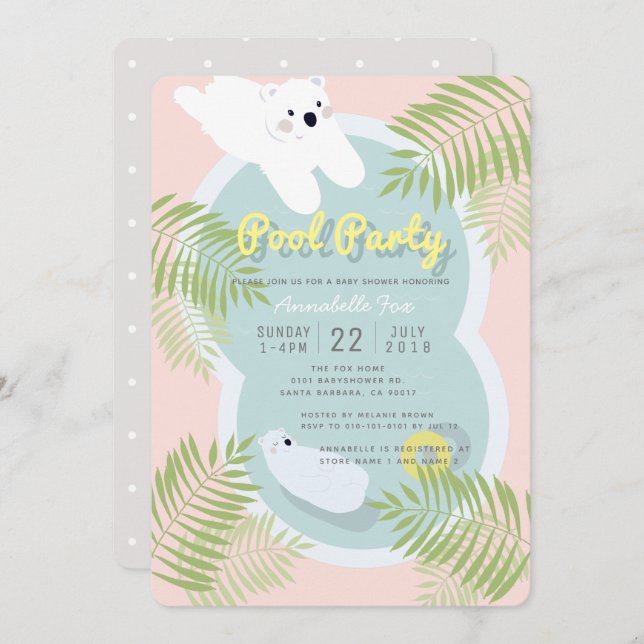 Polar Bear Pool Party Pink Baby Shower Invitation (Front/Back)