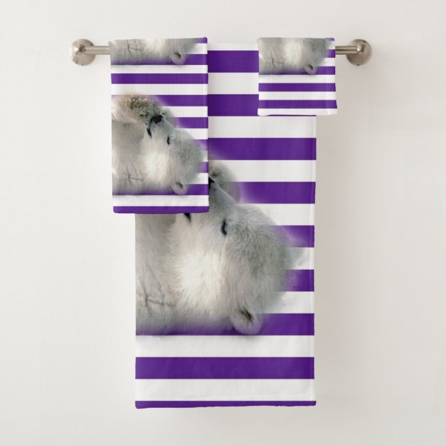 Polar Bear Purple Stripe Bathroom Towel Sets (Insitu)