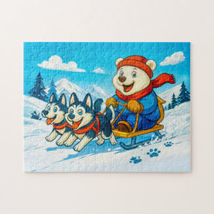 Polar Bear Racing a Husky Dog Sled Team Jigsaw Puzzle