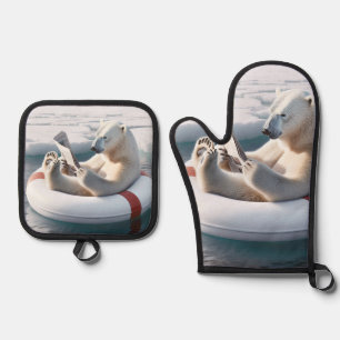Polar Bear Reading a Newspaper Oven Mitt & Pot Holder Set