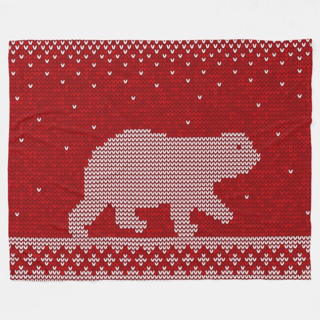Polar Bear Red Background Knitted Style Pattern   Fleece Blanket (Front (Horizontal))