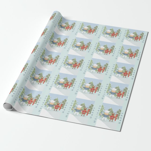 Polar Bear Reindeer with Skis Blue Wrapping Paper  (Unrolled)