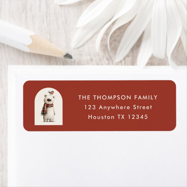 Polar Bear Robin Christmas Return Address (Insitu)