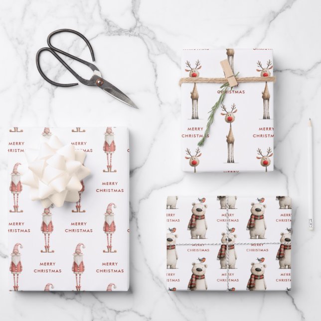 Polar Bear Santa and Reindeer Christmas Wrapping Paper Sheet (Front)