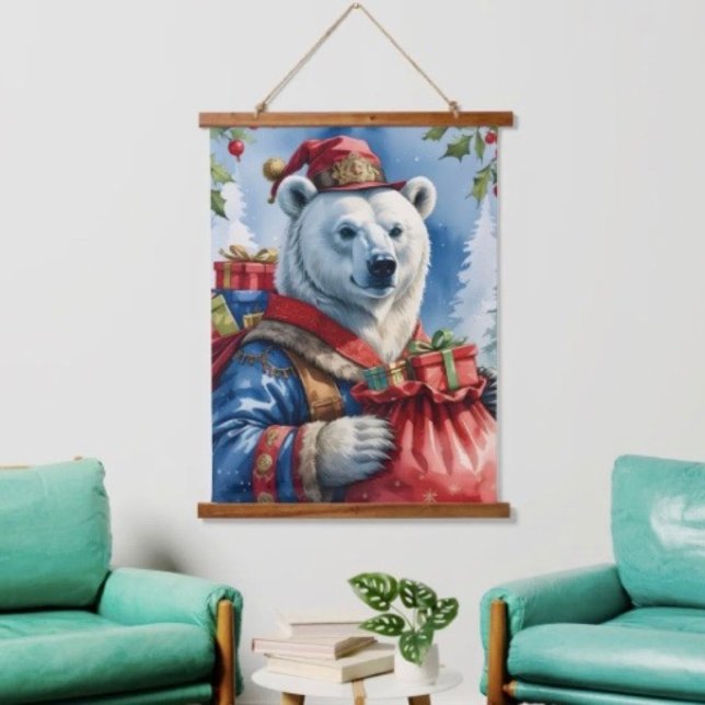 Polar Bear Santa Christmas Design Hanging Tapestry (Wood topped 100% polyester hemmed edges twine for hanging. )
