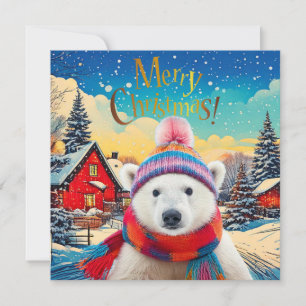 Polar Bear Santa hat and scarf Merry Christmas Holiday Card