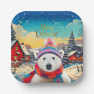 Polar Bear Santa hat and scarf Merry Christmas Paper Plate