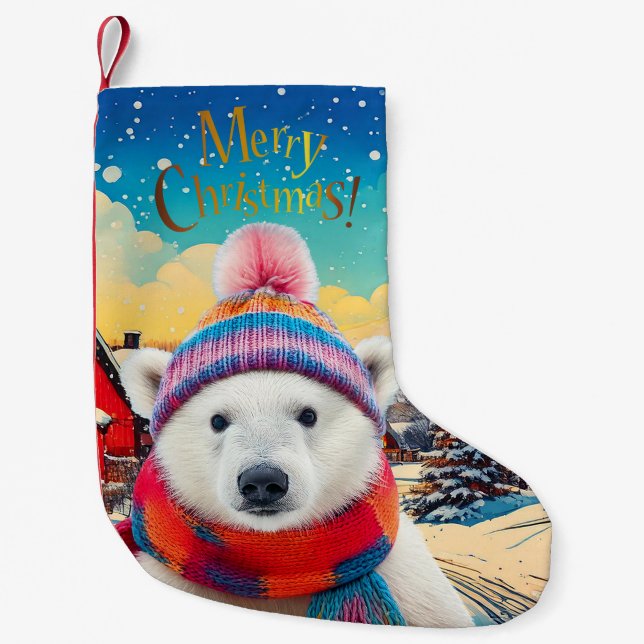Polar Bear Santa hat and scarf Merry Christmas Small Christmas Stocking (Front)